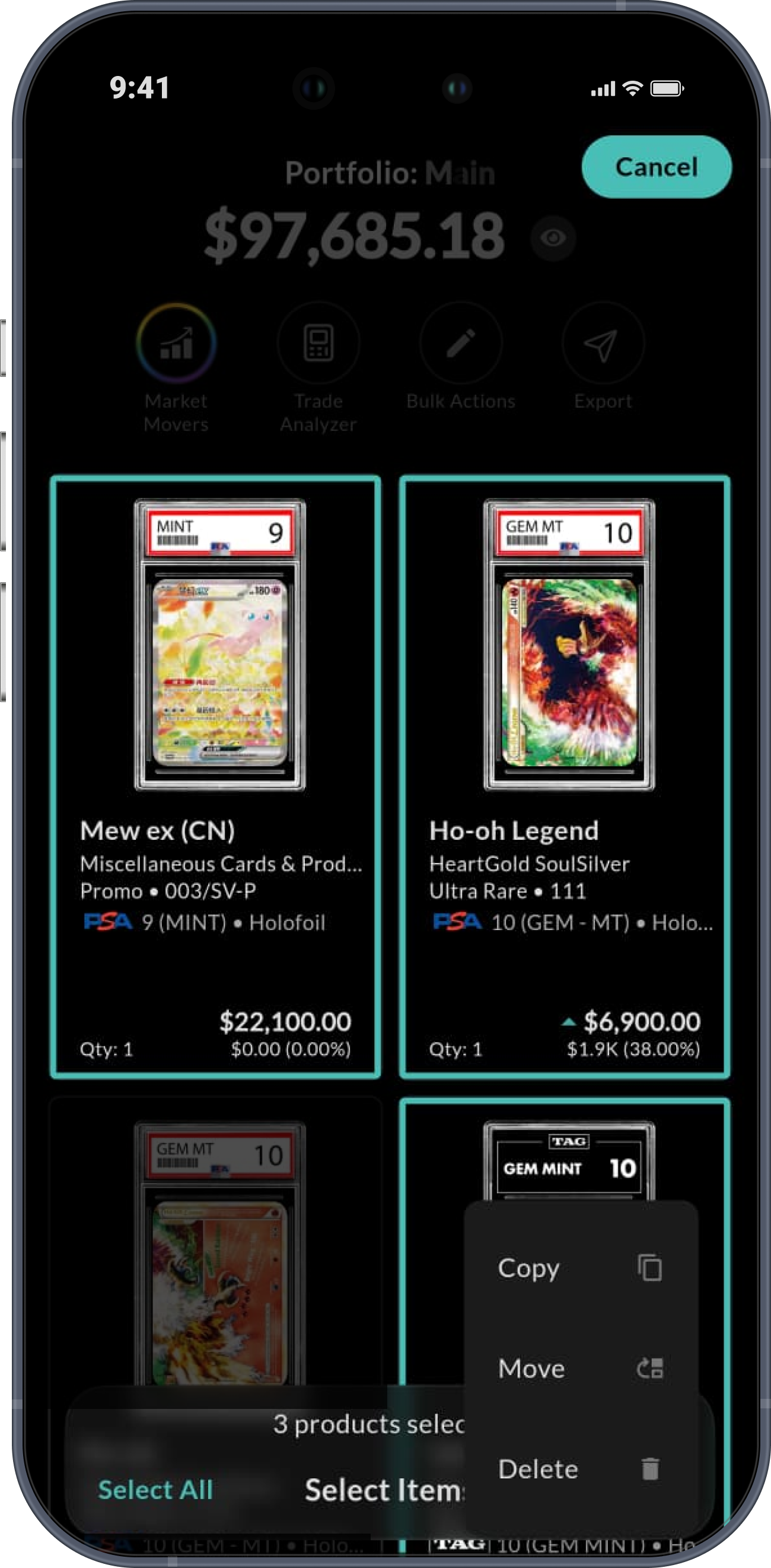 Selecting multiple cards to copy, move, or delete